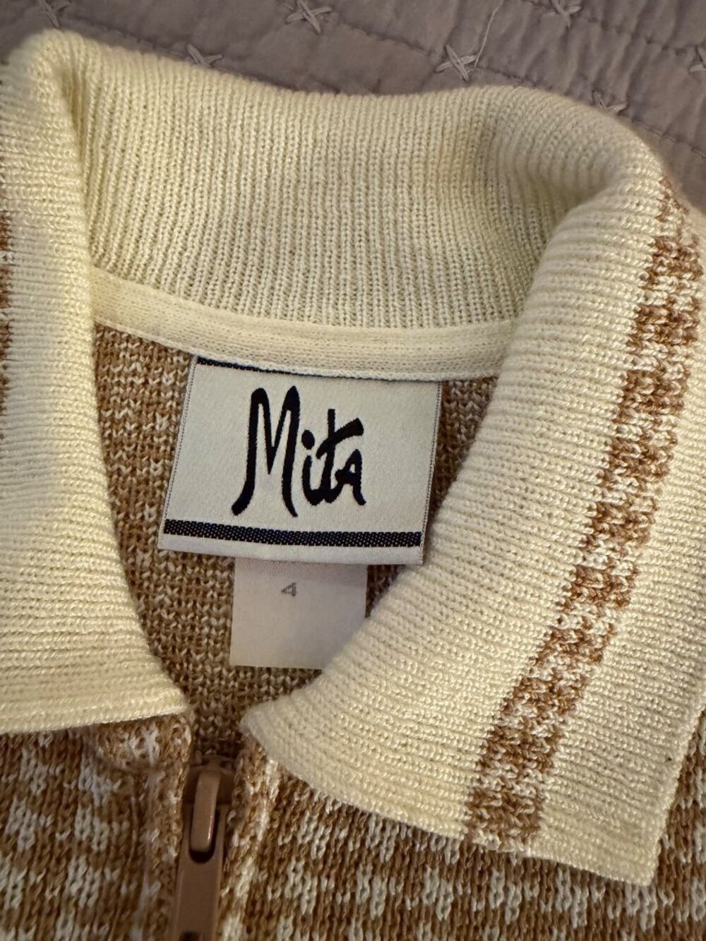 Mita Cardigan Womens Zip-up Cardigan Sweater Size 4 Tan Knit Houndstooth Vintage - Picture 4 of 10